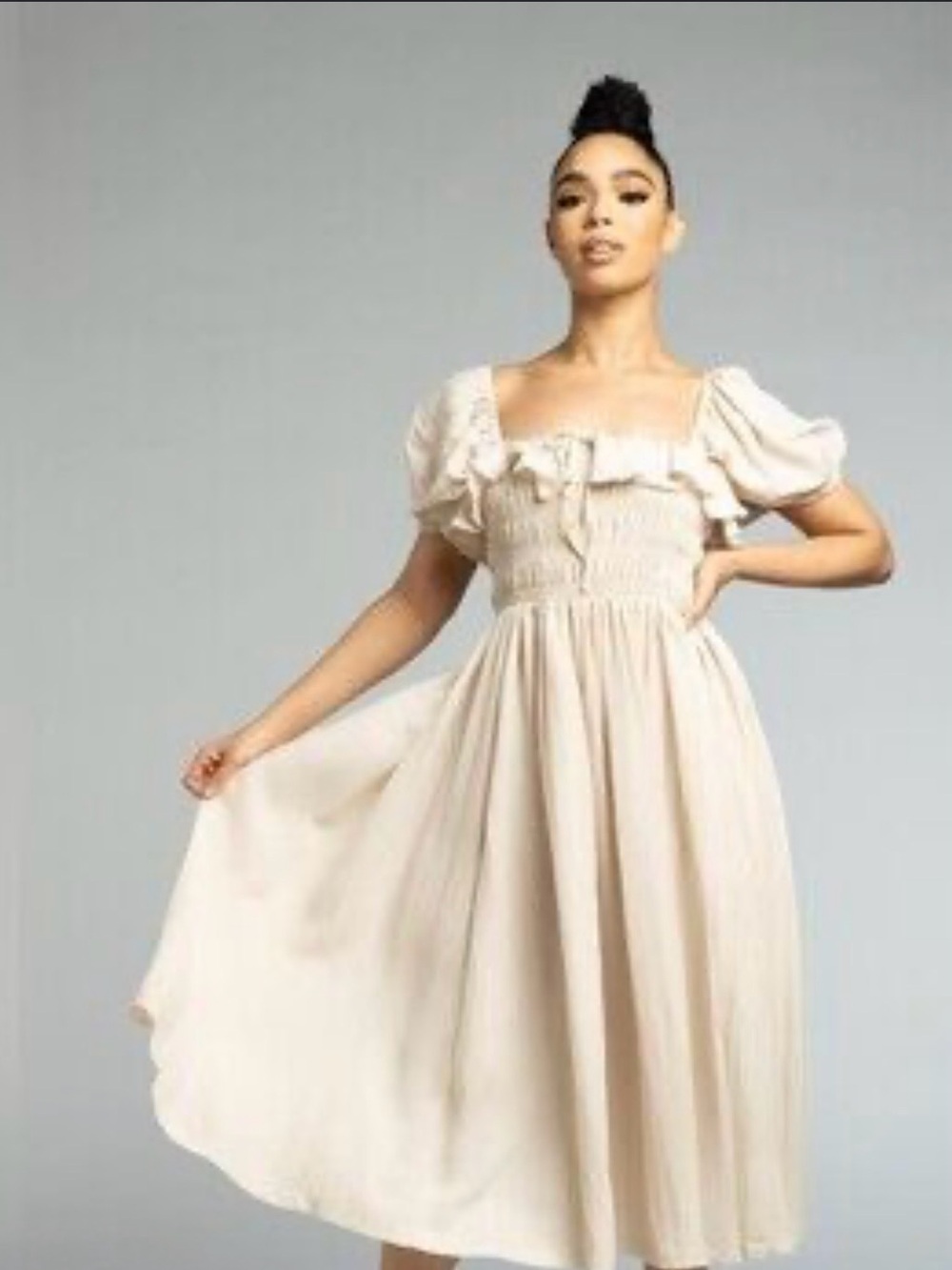 Marble Women's Small Midi Dress Smocked Cream Puff-Sleeve Milkmaid Ruffle